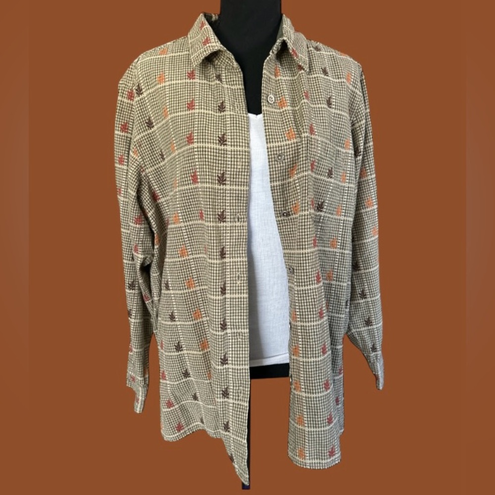 🍁KRAZY KAT! 100% COTTON FALL LEAVES PLAID BUTTON UP! FUN, COZY & CUTE SHIRT!